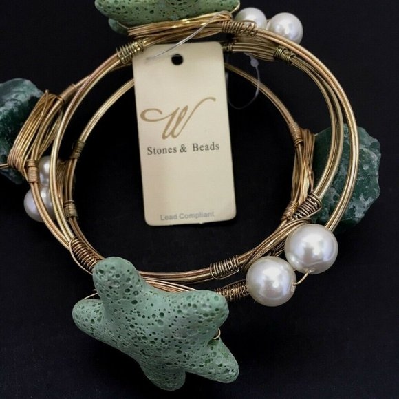 NWT!!! Sea Star Green Quartz Stone Gold-Tone Pearl Wired Bracelets - Picture 3 of 3